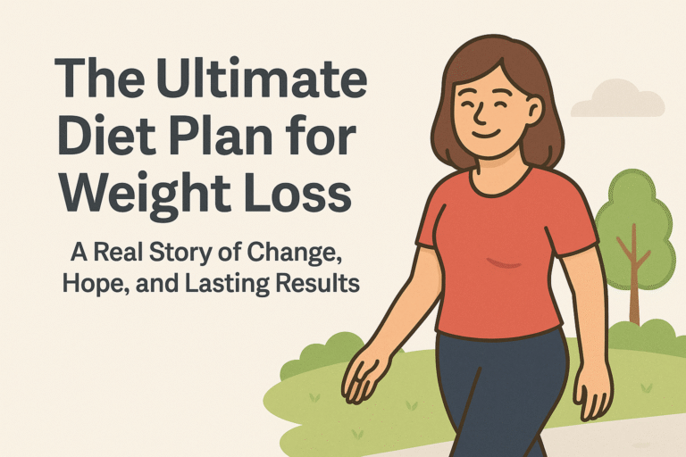 A digital illustration for an article titled "The Ultimate Diet Plan for Weight Loss: A Real Story of Change, Hope, and Lasting Results." The left side features the title in bold dark lettering on a soft beige background. On the right, a smiling woman with brown hair, wearing a salmon t-shirt and navy pants, walks outdoors through a park-like setting with green trees and rolling hills. The style is clean and hopeful, with the subtext “Dieting isn’t about punishment or deprivation” below the title.