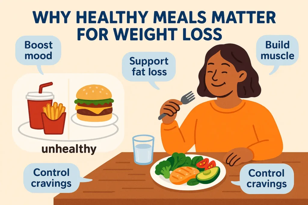 "Side-by-side image: Left shows a plate of greasy fast food, right shows a colorful, balanced plate with grilled chicken, quinoa, and veggies. Labels highlight benefits: boost mood, support fat loss, build muscle, control cravings." "Side-by-side image: Left shows a plate of greasy fast food, right shows a colorful, balanced plate with grilled chicken, quinoa, and veggies. Labels highlight benefits: boost mood, support fat loss, build muscle, control cravings."
