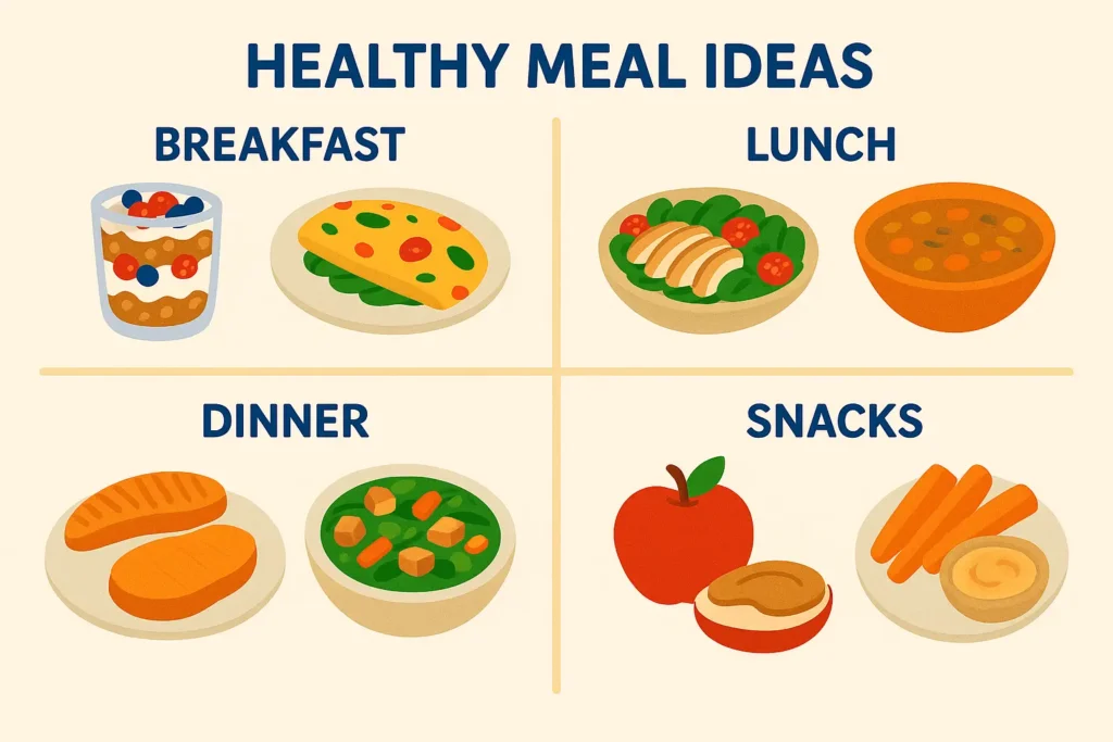 Four-section grid with photos: Breakfast: Greek yogurt parfait and veggie omelet Lunch: Grilled chicken salad and lentil soup Dinner: Salmon with sweet potato and tofu stir-fry Snacks: Apple with almond butter, carrot sticks with hummus." Four-section grid with photos:
Breakfast: Greek yogurt parfait and veggie omelet
Lunch: Grilled chicken salad and lentil soup
Dinner: Salmon with sweet potato and tofu stir-fry
Snacks: Apple with almond butter, carrot sticks with hummus."
