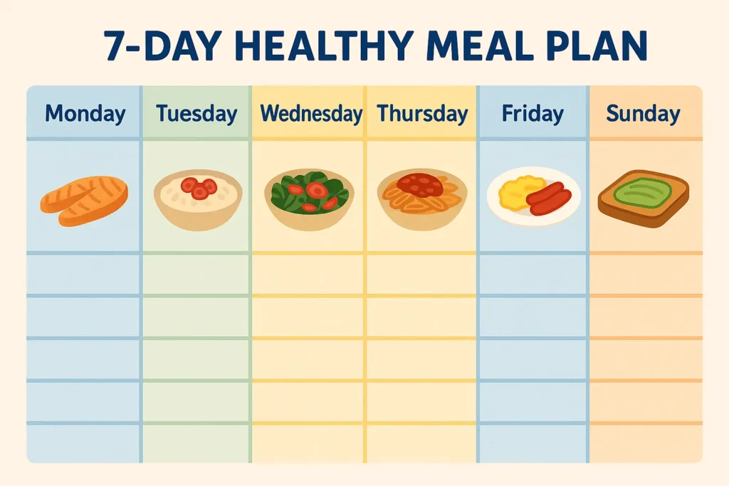 Weekly meal planner graphic with small photos of meals: oatmeal, Greek yogurt, salmon, quinoa bowls, stir-fry, and fresh fruit, each day labeled." Weekly meal planner graphic with small photos of meals: oatmeal, Greek yogurt, salmon, quinoa bowls, stir-fry, and fresh fruit, each day labeled."