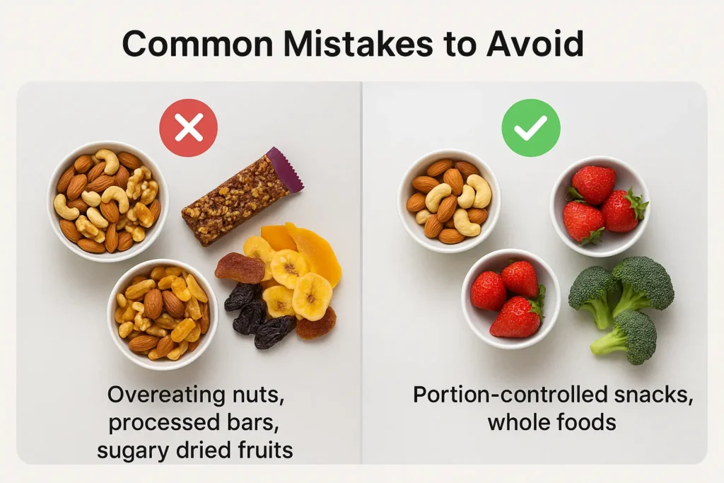 Side-by-side image comparing overeating calorie-dense snacks versus portion-controlled whole food snacks. Side-by-side image comparing overeating calorie-dense snacks versus portion-controlled whole food snacks.