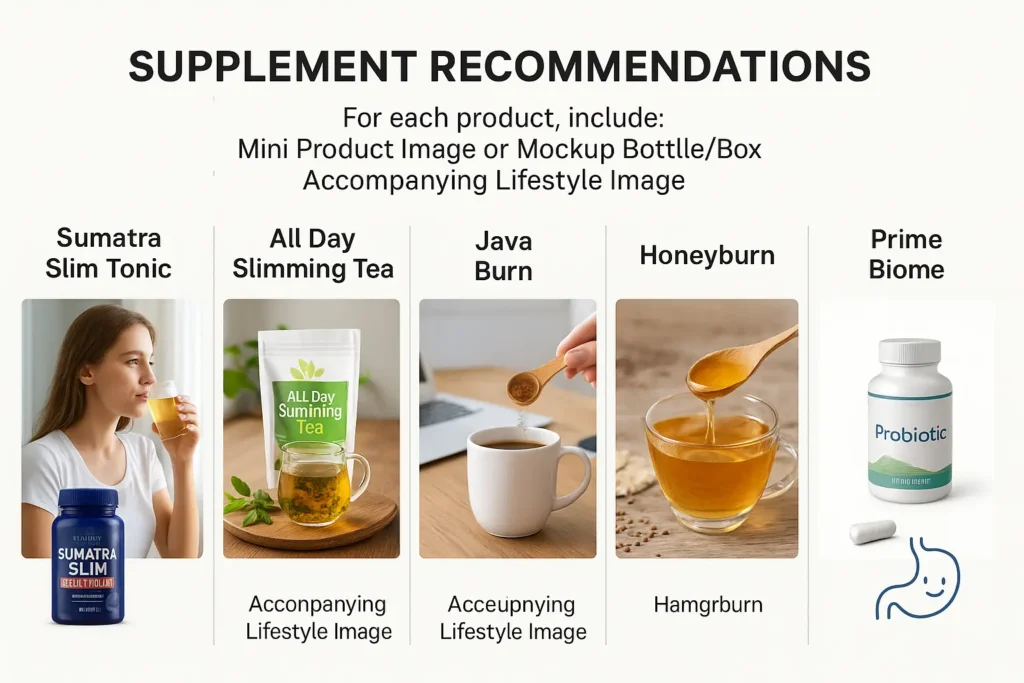 Sumatra Slim Belly Tonic: A woman sipping a health tonic in the morning. All Day Slimming Tea: Tea being brewed with herbs visible. Java Burn Coffee: Powder being poured into coffee, morning desk setup. Honeyburn: Spoonful of honey over herbal drink or oats. Prime Biome: Probiotic capsule and gut health illustration or calm stomach icon. Sumatra Slim Belly Tonic: A woman sipping a health tonic in the morning.
All Day Slimming Tea: Tea being brewed with herbs visible.
Java Burn Coffee: Powder being poured into coffee, morning desk setup.
Honeyburn: Spoonful of honey over herbal drink or oats.
Prime Biome: Probiotic capsule and gut health illustration or calm stomach icon.