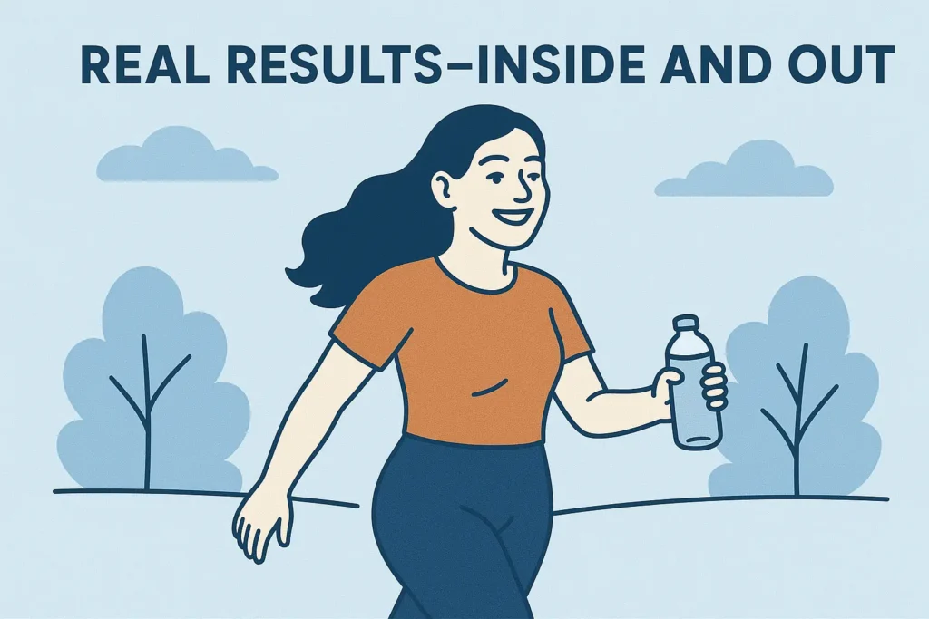 Happy woman walking outdoors feeling energized and confident after weight loss." Happy woman walking outdoors feeling energized and confident after weight loss."