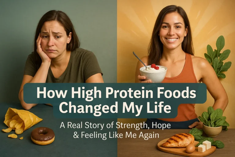 Before and after transformation of a woman showing the benefits of a high-protein diet, featuring healthy and unhealthy food contrasts, with the title 'How High Protein Foods Changed My Life' – a testimonial-style health and wellness visual.