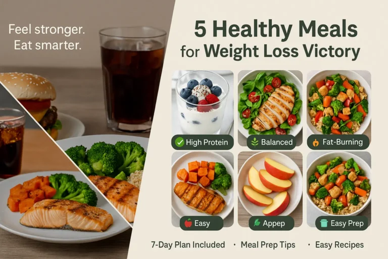 Collage of five healthy weight-loss meals including grilled salmon with broccoli, quinoa salad with avocado, veggie stir-fry, Greek yogurt parfait with berries, and a colorful smoothie bowl, arranged on a clean white background with text overlay '5 Powerful Healthy Meals for Weight Loss Victory'.