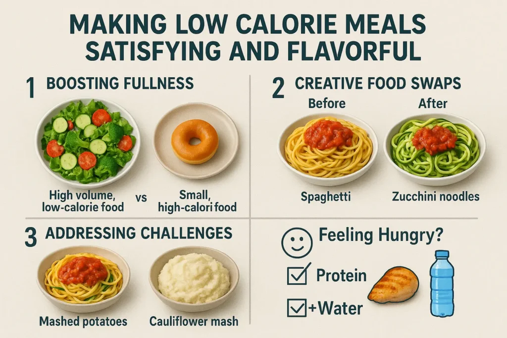 Comparison of two plates: one full of high-volume low-calorie foods (e.g., veggies) and another with a small high-calorie portion (e.g., chips).
