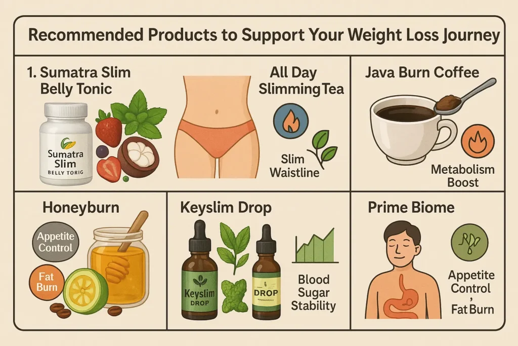 Bottle of Sumatra Slim Belly Tonic with tropical plant ingredients and belly fat reduction icons.
 Cup of slimming tea with tea leaves, dandelion root, and green tea on a wooden tray.
Coffee cup with Java Burn powder being mixed in, with icons for energy and fat burning.
Honey jar and Garcinia fruit with Honeyburn label indicating appetite control benefits.
Liquid dropper supplement bottle with bitter melon and sugar-level graph illustrating glucose balance.
: Probiotic supplement bottle next to gut health diagram showing a balanced microbiome.