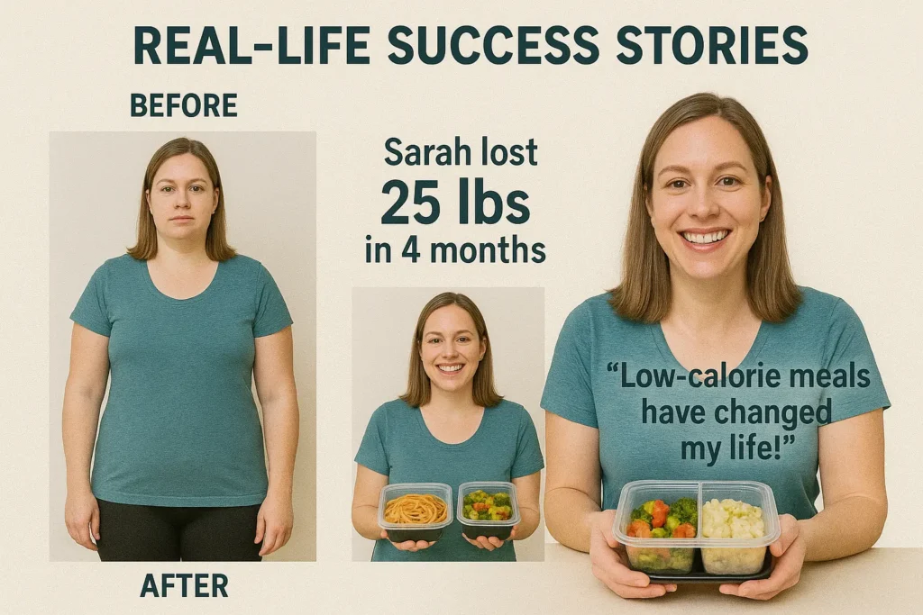 Before and after photo of Sarah’s weight loss transformation, with a smiling image of her holding meal prep containers.

