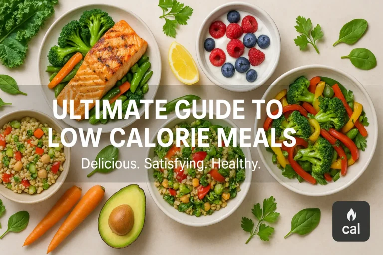 Low Calorie Meals - Flat lay of colorful low-calorie meals including grilled salmon, quinoa salad, Greek yogurt with berries, and fresh vegetables on a bright background with title overlay: ‘Ultimate Guide to Low Calorie Meals: Delicious, Satisfying, and Healthy Choices.
