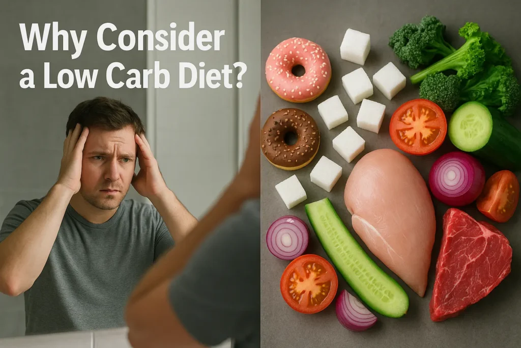 Low Carb Diet - Frustrated person looking in the mirror beside images of unhealthy processed foods transforming into fresh vegetables and lean meats. Low Carb Diet - Frustrated person looking in the mirror beside images of unhealthy processed foods transforming into fresh vegetables and lean meats.