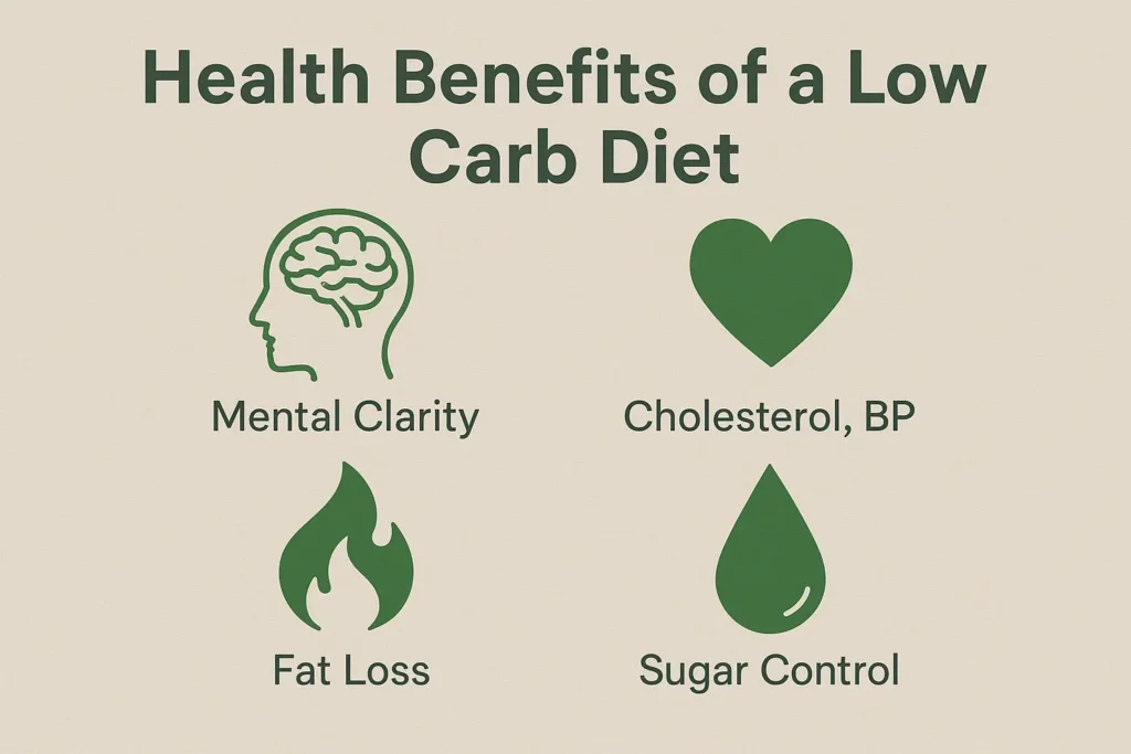 Icons showing benefits of a low carb diet: improved heart health, brain function, fat loss, and blood sugar control Icons showing benefits of a low carb diet: improved heart health, brain function, fat loss, and blood sugar control