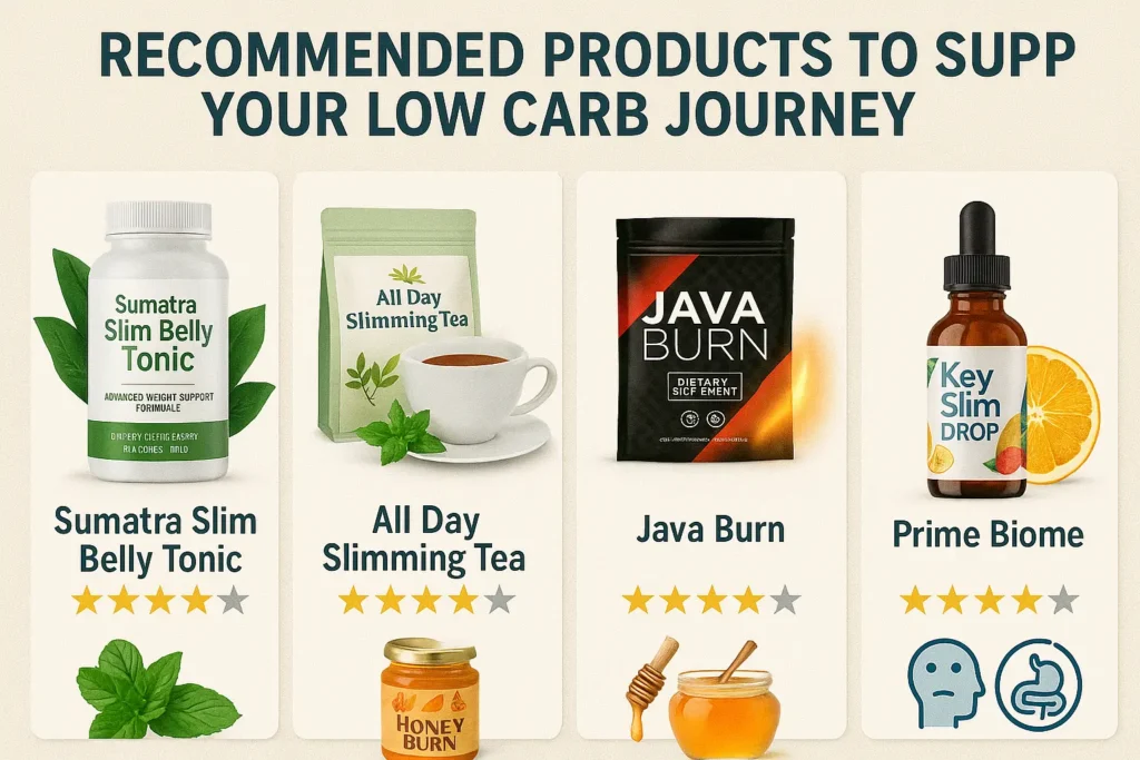 "Product showcase featuring Sumatra Slim Belly Tonic, Java Burn coffee, Honey Burn, and other low carb-friendly supplements. "Product showcase featuring Sumatra Slim Belly Tonic, Java Burn coffee, Honey Burn, and other low carb-friendly supplements.