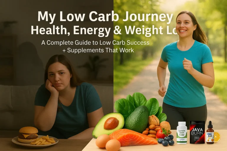 Low Carb Diet - Before and after transformation of a person following a low carb diet, with healthy foods like avocado, salmon, eggs, and leafy greens in the foreground. Includes icons of natural supplements like Sumatra Slim Belly Tonic and Java Burn Coffee, representing weight loss, improved energy, and health benefits.