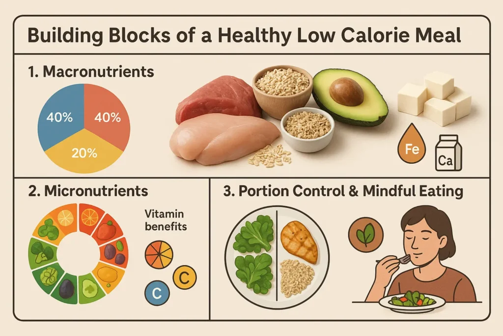 Pie chart showing the breakdown of macronutrients (protein, carbs, fats) with food examples like lean meats, grains, and avocados.