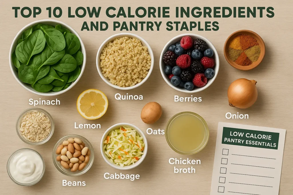 Top-view layout of 10 low-calorie ingredients like spinach, quinoa, berries, and spices, with labels next to each food item.

