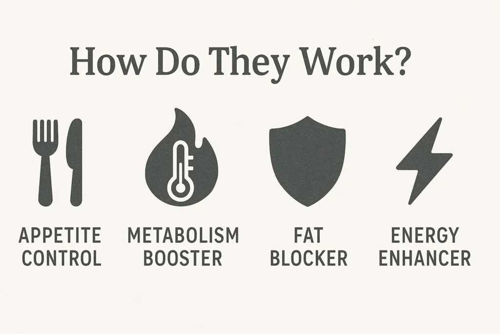 Best Weight Loss Supplements - Infographic showing appetite control, metabolism boosting, fat blocking, and energy enhancement icons Best Weight Loss Supplements - Infographic showing appetite control, metabolism boosting, fat blocking, and energy enhancement icons