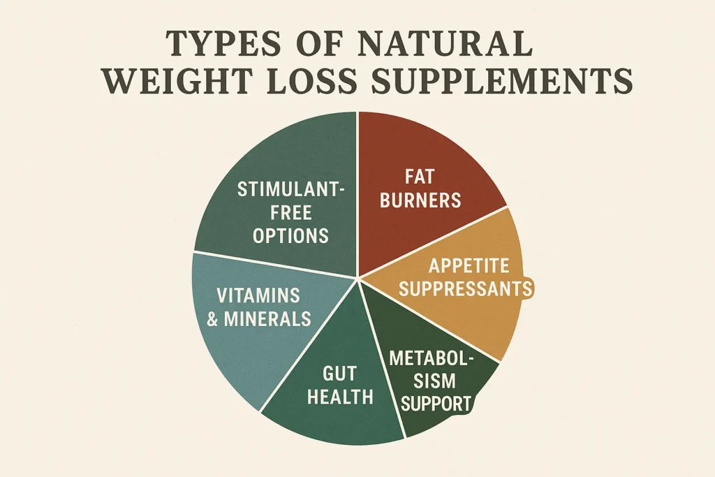 Colorful pie chart dividing natural weight loss supplements into categories like fat burners, probiotics, and vitamins Colorful pie chart dividing natural weight loss supplements into categories like fat burners, probiotics, and vitamins