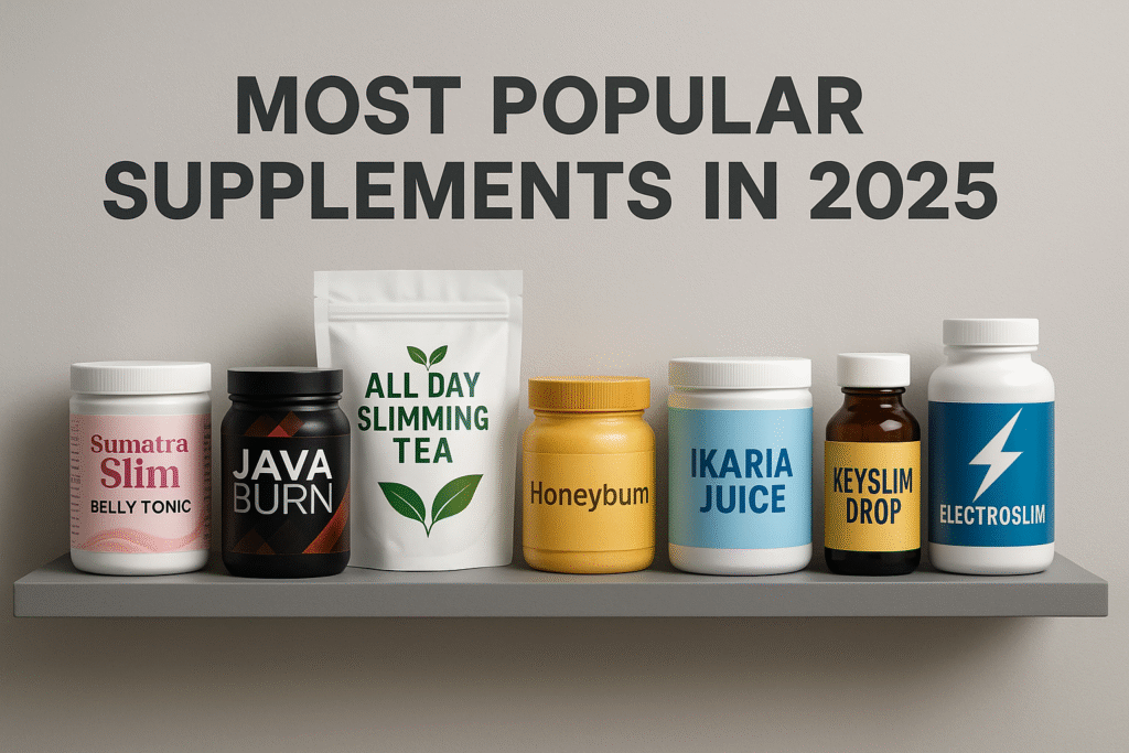 Modern supplement shelf displaying top 2025 weight loss products including Sumatra Slim, Java Burn, and Okinawa Tonic Modern supplement shelf displaying top 2025 weight loss products including Sumatra Slim, Java Burn, and Okinawa Tonic