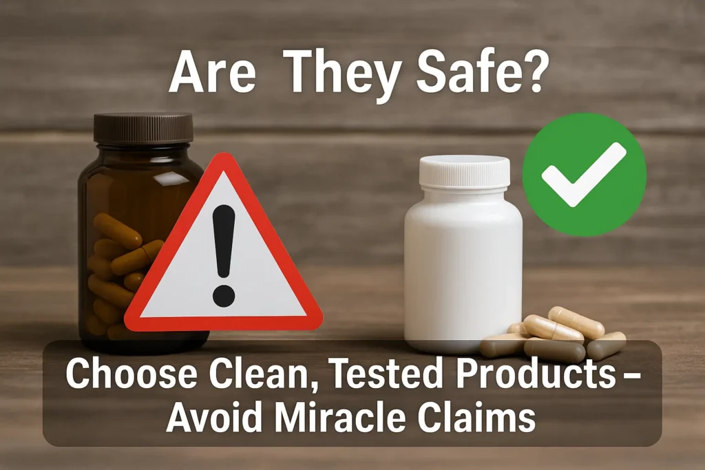 Graphic with green check and red warning icons next to supplement safety dos and don’ts Graphic with green check and red warning icons next to supplement safety dos and don’ts