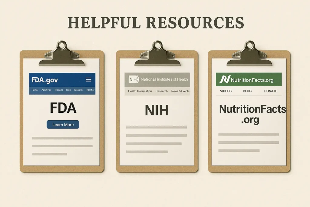 Mockups of FDA, NIH, and NutritionFacts websites providing trusted information on weight loss supplements Mockups of FDA, NIH, and NutritionFacts websites providing trusted information on weight loss supplements