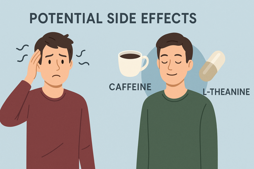 A balanced scale illustration with “Energy Boost” on one side and “Possible jitters” on the other — highlighting both benefits and cautions. A balanced scale illustration with “Energy Boost” on one side and “Possible jitters” on the other — highlighting both benefits and cautions.