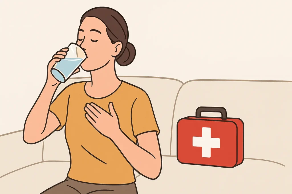 A person drinking water and resting with a first aid kit nearby, symbolizing safe response to supplement side effects. A person drinking water and resting with a first aid kit nearby, symbolizing safe response to supplement side effects.