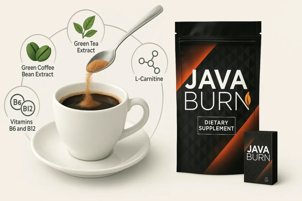 Java Burn Coffee Side Effects – A cup of coffee with Java Burn powder being mixed in, surrounded by icons representing natural ingredients like green tea extract, green coffee, and vitamins. Java Burn Coffee Side Effects – A cup of coffee with Java Burn powder being mixed in, surrounded by icons representing natural ingredients like green tea extract, green coffee, and vitamins.