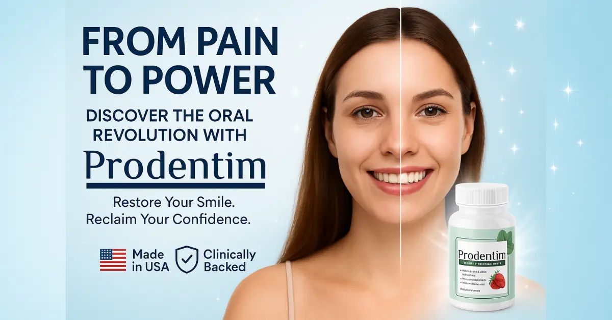 Digital graphic background with a clean, fresh theme in soft blue and white tones, featuring sparkles, abstract waves, and icons symbolizing oral health and probiotics, designed for a dental wellness product like Prodentim.