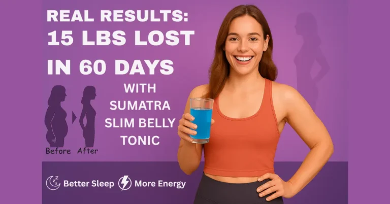 Fit young woman holding a glass of blue tonic drink, smiling confidently in front of a purple background with weight loss transformation silhouettes — representing Sumatra Slim Belly Tonic weight loss results.