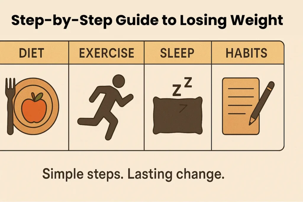 Four-step weight loss graphic with icons for diet, exercise, sleep, and hydration habits.” Four-step weight loss graphic with icons for diet, exercise, sleep, and hydration habits.”