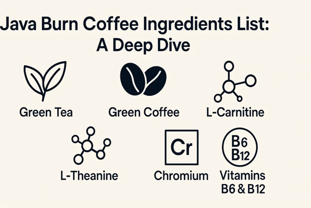 Infographic showing Java Burn's key ingredients Green Tea, Green Coffee, L-Carnitine, L-Theanine, Chromium, and Vitamins B6 & B12. Infographic showing Java Burn's key ingredients Green Tea, Green Coffee, L-Carnitine, L-Theanine, Chromium, and Vitamins B6 & B12.