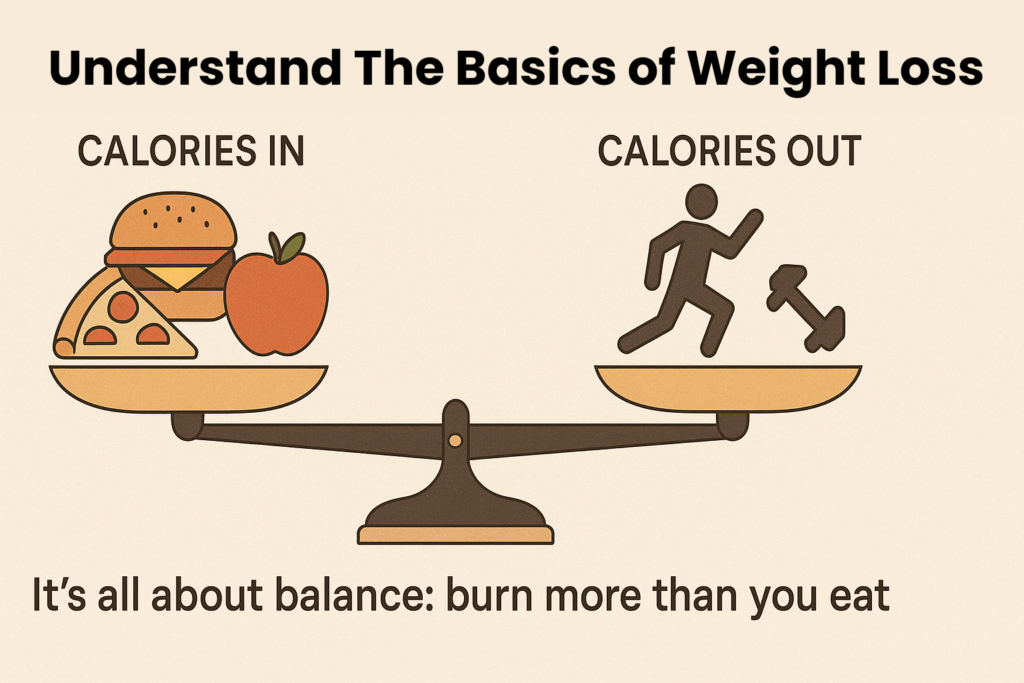 Infographic showing calories in vs. calories out with food and workout icons, explaining weight loss basics Infographic showing calories in vs. calories out with food and workout icons, explaining weight loss basics