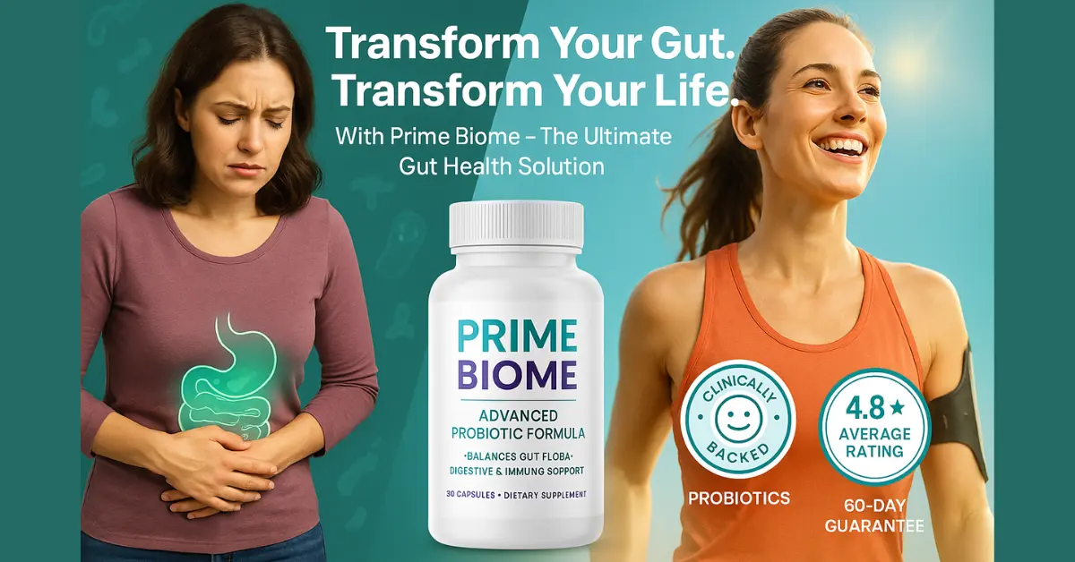 Promotional advertisement image for Prime Biome gut health supplement featuring a happy woman, a bottle of Prime Biome, natural ingredients like berries and leaves, and bold text emphasizing gut health and well-being.