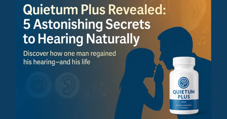 Promotional graphic for Quietum Plus natural hearing supplement featuring an elderly man with headphones, vibrant soundwave visuals, and a highlighted product bottle against a clean gradient background.