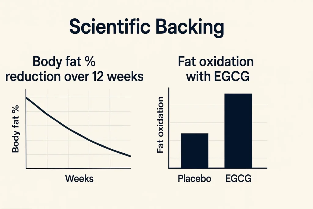 Simple research charts — one showing body fat percentage reduction over 12 weeks, and another illustrating fat oxidation linked to EGCG. Simple research charts — one showing body fat percentage reduction over 12 weeks, and another illustrating fat oxidation linked to EGCG.