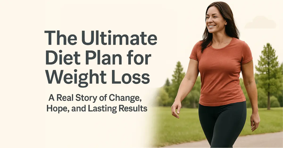 Smiling woman walking outdoors in a park, representing a successful weight loss journey with the title 'The Ultimate Diet Plan for Weight Loss – A Real Story of Change, Hope, and Lasting Results'.