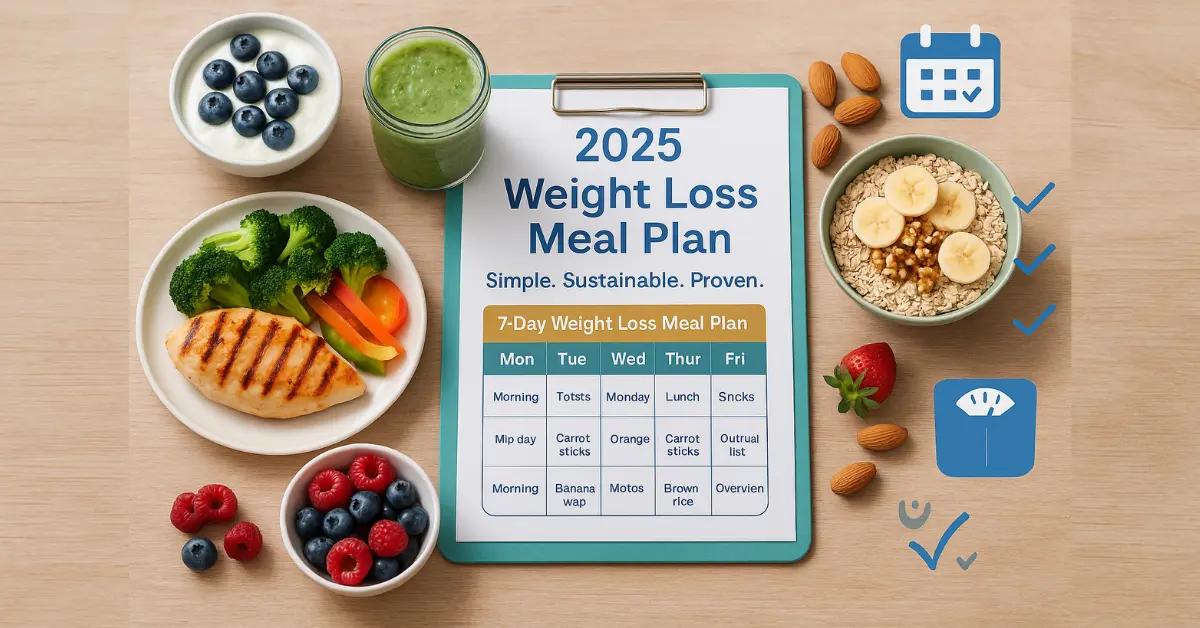 Top-down view of a clean kitchen countertop with whole foods like avocado, eggs, berries, greens, and grilled chicken arranged neatly for a weight loss meal plan background.