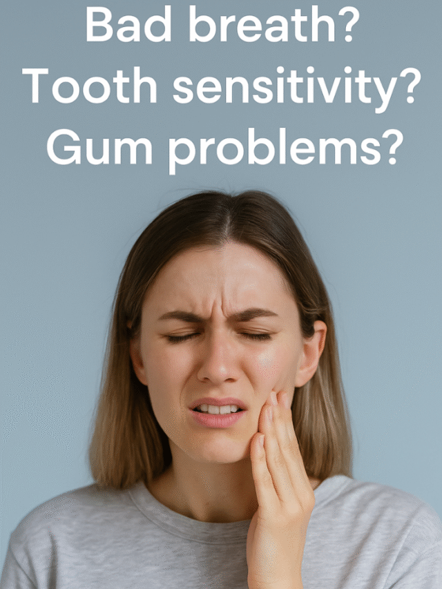 A woman is uncomfortable due to toothache or bad breath, covering her mouth.