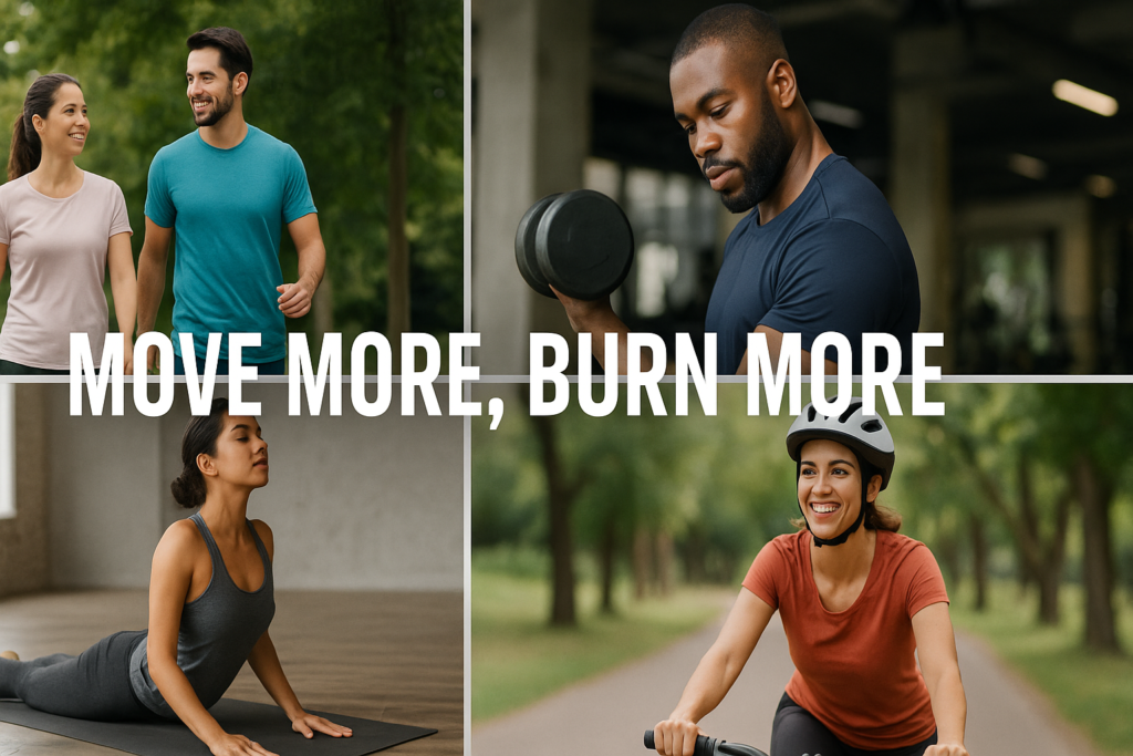 Collage of people walking, doing yoga, lifting weights, and cycling to show diverse workout routines. Collage of people walking, doing yoga, lifting weights, and cycling to show diverse workout routines.