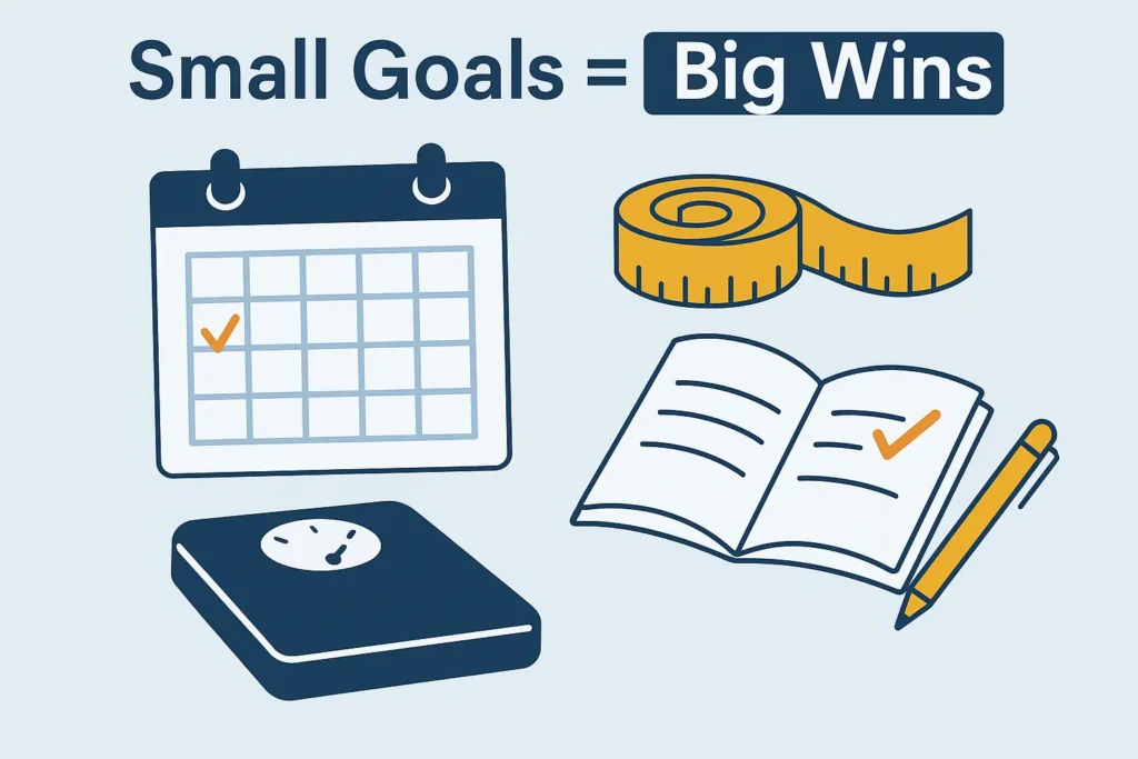 A weight loss journal, calendar, measuring tape, and digital scale symbolizing achievable fitness goals. A weight loss journal, calendar, measuring tape, and digital scale symbolizing achievable fitness goals.