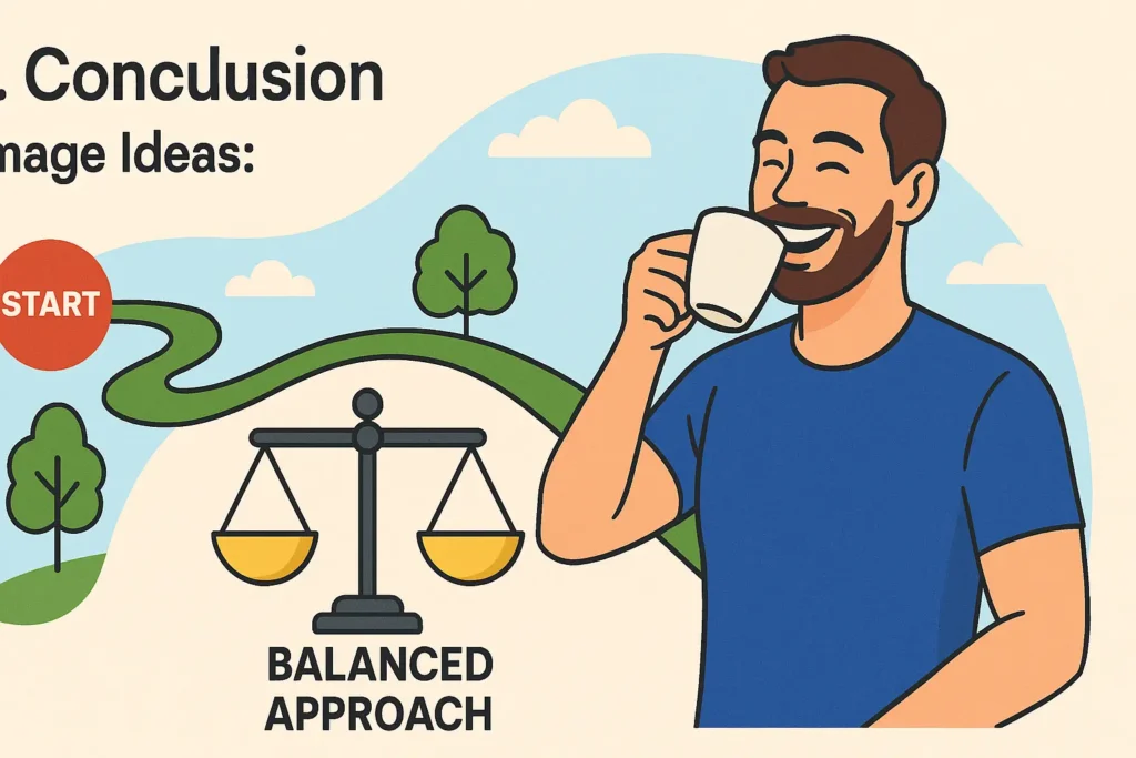 A happy and energetic person enjoying a cup of coffee on a bright morning, representing successful, healthy weight loss. A happy and energetic person enjoying a cup of coffee on a bright morning, representing successful, healthy weight loss.