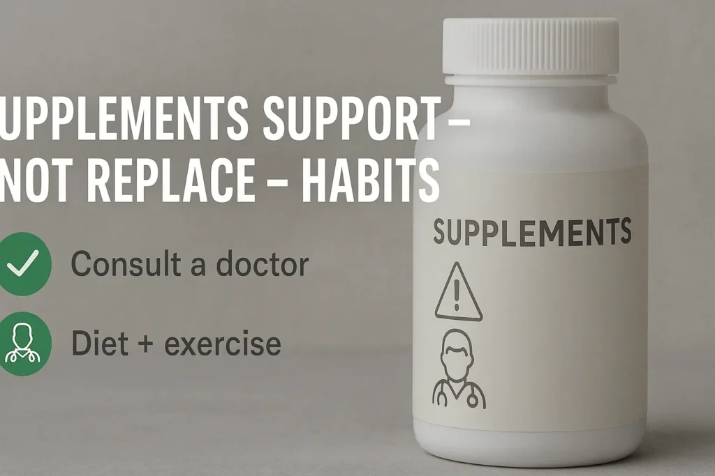 Supplement bottle with checklist icons showing doctor approval, healthy diet, and exercise for safe use. Supplement bottle with checklist icons showing doctor approval, healthy diet, and exercise for safe use.