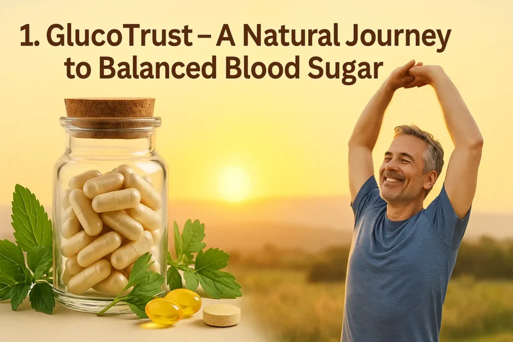 GlucoTrust- GlucoTrust supplement bottle surrounded by fresh herbs and vitamins with a person stretching at sunrise, symbolizing a fresh and healthy start to the day. GlucoTrust- GlucoTrust supplement bottle surrounded by fresh herbs and vitamins with a person stretching at sunrise, symbolizing a fresh and healthy start to the day.