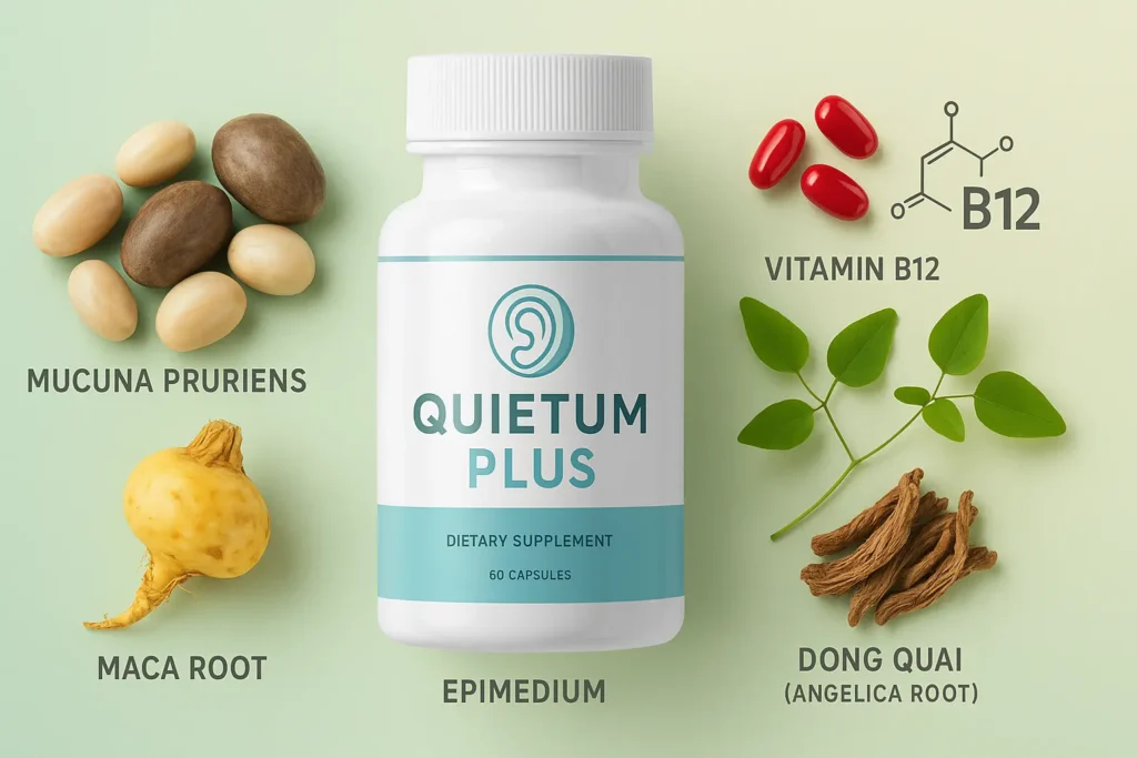 A bottle of Quietum Plus supplement with natural ingredients like Mucuna Pruriens, Maca Root, Epimedium, Dong Quai, and Vitamin B12 displayed alongside the capsules. A bottle of Quietum Plus supplement with natural ingredients like Mucuna Pruriens, Maca Root, Epimedium, Dong Quai, and Vitamin B12 displayed alongside the capsules.
