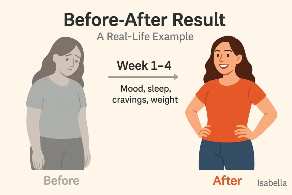 Timeline showing Isabella’s 4-week transformation with GlucoTrust: more energy, weight loss, reduced cravings, and consistent blood sugar levels.” Timeline showing Isabella’s 4-week transformation with GlucoTrust: more energy, weight loss, reduced cravings, and consistent blood sugar levels.”