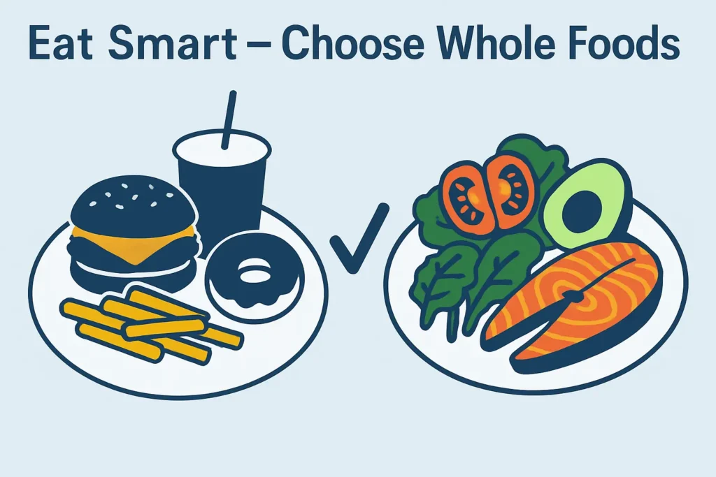 Side-by-side comparison of junk food vs healthy whole foods like fruits, vegetables, lean protein, and grains. Side-by-side comparison of junk food vs healthy whole foods like fruits, vegetables, lean protein, and grains.
