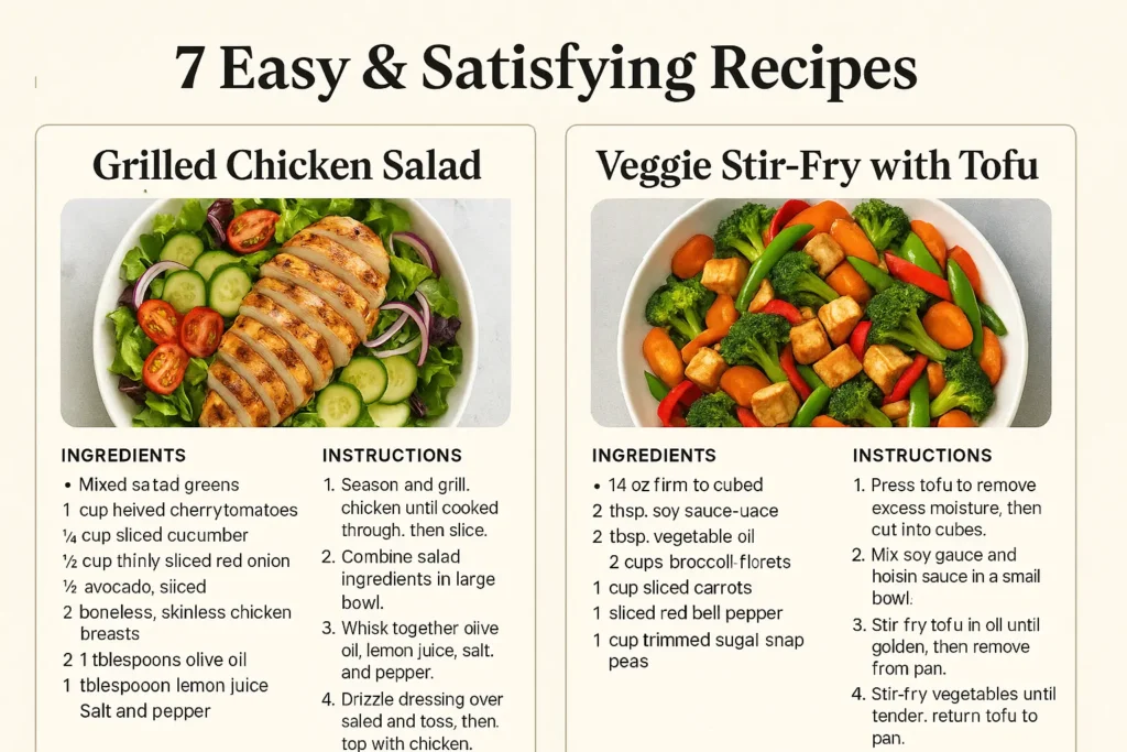 "Recipe card layout: Grilled chicken salad with avocado, quinoa, and veggies on a plate; next to it, a veggie stir-fry with tofu in a pan, with ingredients and short instructions shown." "Recipe card layout: Grilled chicken salad with avocado, quinoa, and veggies on a plate; next to it, a veggie stir-fry with tofu in a pan, with ingredients and short instructions shown."