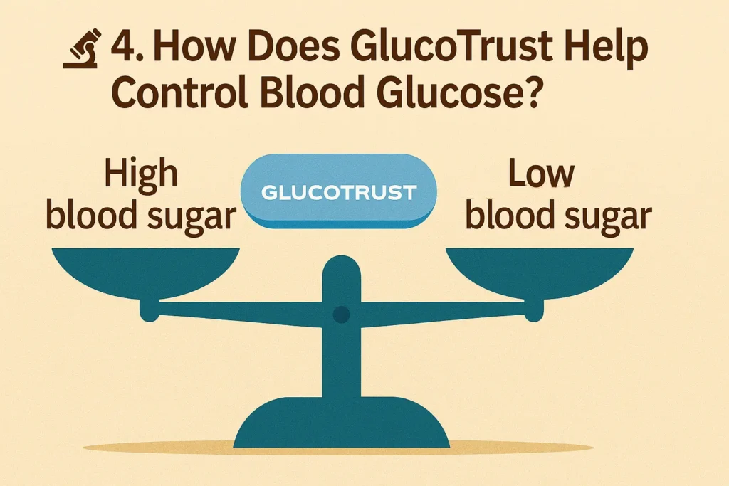 Balance scale with ‘High Blood Sugar’ and ‘Low Blood Sugar’ on each side, and GlucoTrust capsule in the center maintaining stability. Balance scale with ‘High Blood Sugar’ and ‘Low Blood Sugar’ on each side, and GlucoTrust capsule in the center maintaining stability.