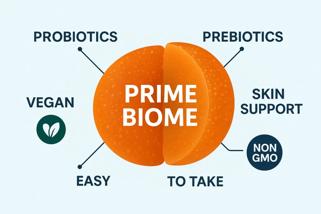 Prime Biome Reviews - Labeled diagram of a Prime Biome gummy showing key features like probiotics, prebiotics, vegan-friendly, and skin benefits." Prime Biome Reviews - Labeled diagram of a Prime Biome gummy showing key features like probiotics, prebiotics, vegan-friendly, and skin benefits."