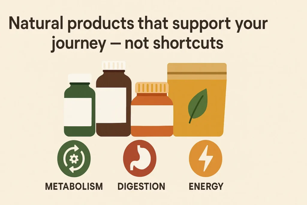Product collage with icons showing metabolism, digestion, and energy. Product collage with icons showing metabolism, digestion, and energy.